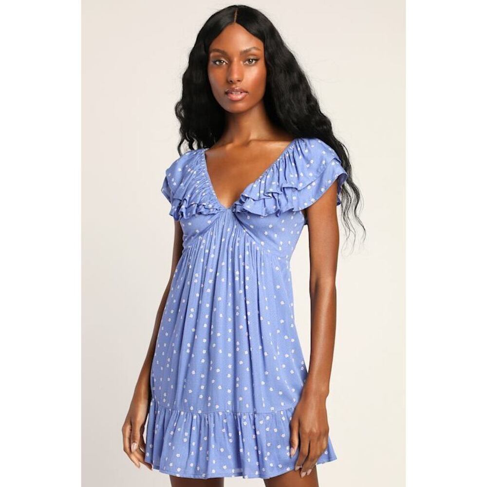Lulus Pretty Flowers Periwinkle Blue Floral Print Ruffled Mini Dress - Size M